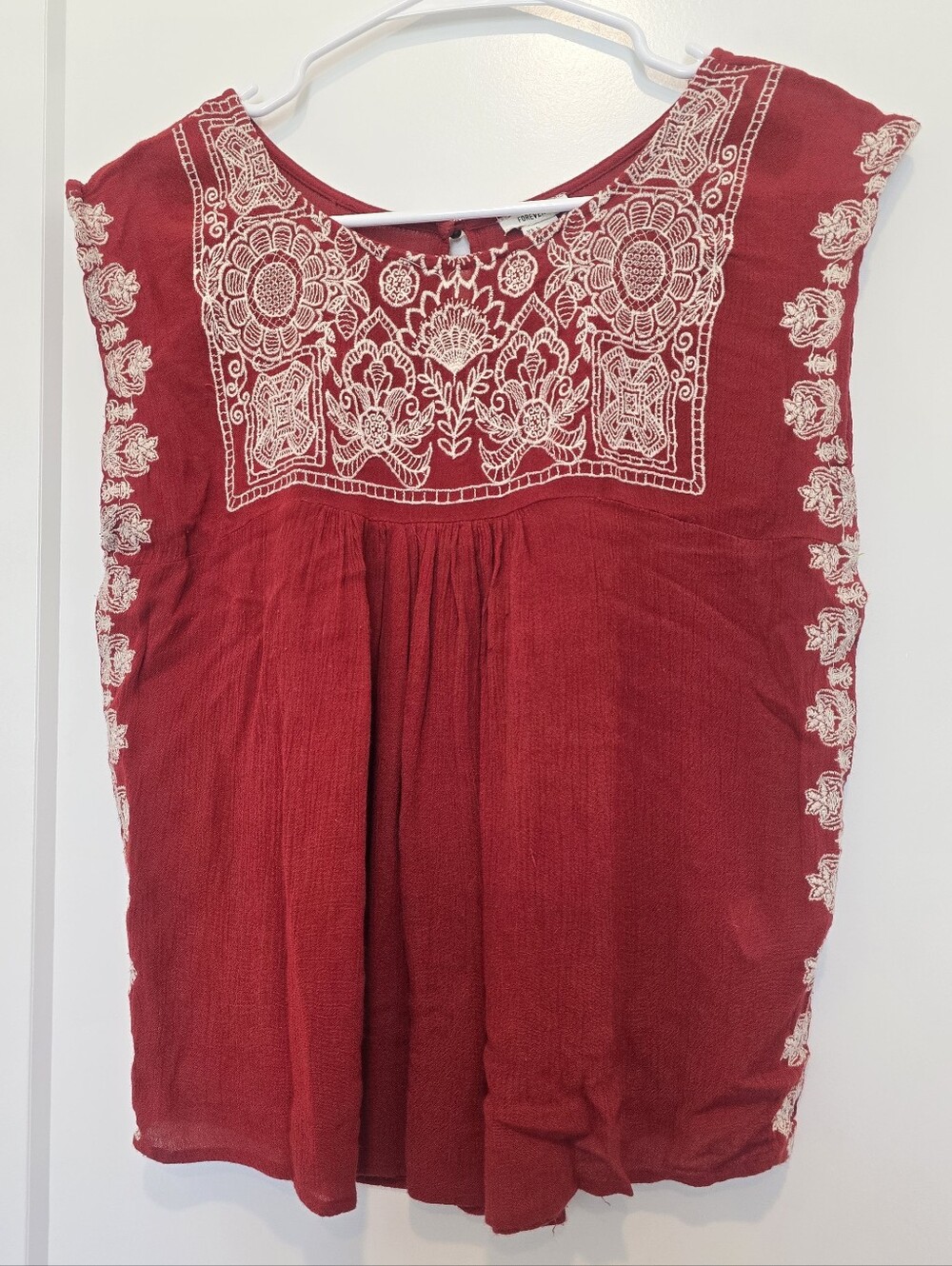 F21 Embroidered Tank Top At Front And Sides. Rusty Red With White Embroidery
